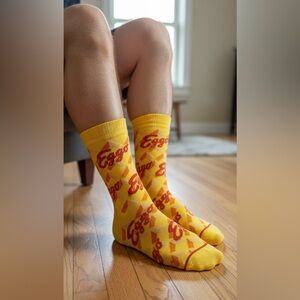 Eggo waffles Fun Print Novelty Crew Socks for Men size 6-12 unisex yellow new